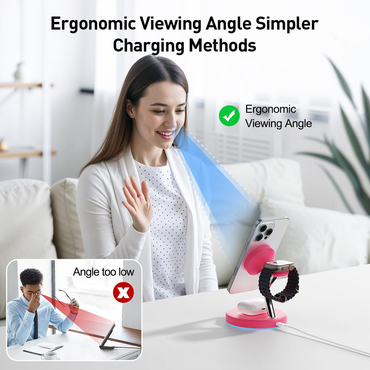 3 in 1 Charging Station Compatible with Mag-Safe Charger Wireless Charger Stand for iPhone 16 15 14 13 12 Series Wireless Charging Station for AirPods Wireless Charging Stand for iWatch Series (Red)