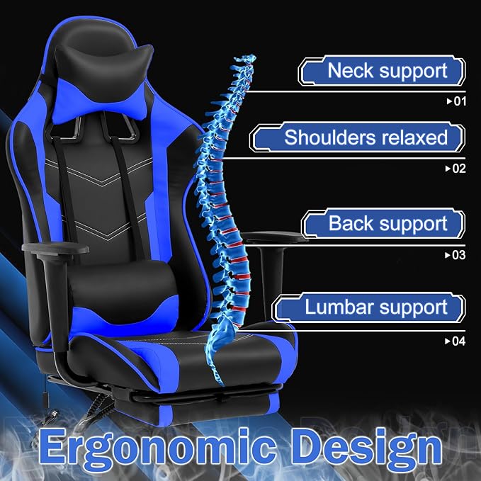 Massage Gaming Chair - Ergonomic PC Racing Office Chair with Lumbar Support Headrest Armrest Footrest - Black Heavy Duty PU Leather Recliner for Adults Gamer (Blue)