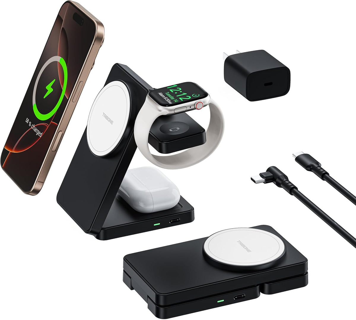 3 in 1 Charging Station for iPhone 16/15/14/13/12 Series, Wireless Charger for Apple Watch，Travel Magnetic Charging Stand for AirPods (Panda Color)