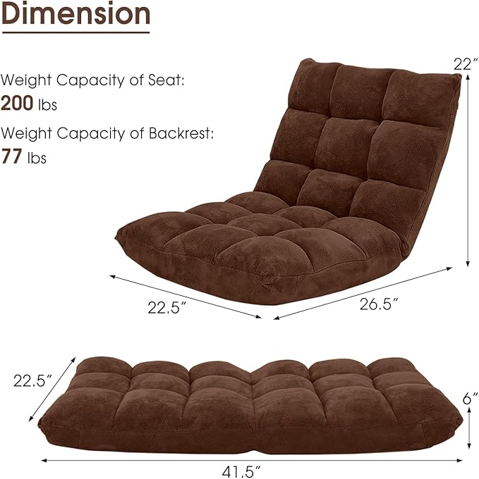 Floor Chair Lounger Folding Gaming Sofa Chaise Lounge with 14 Adjustable Position Steel Frame Sponge Padded Sleeper Bed Couch Recliner (Brown)