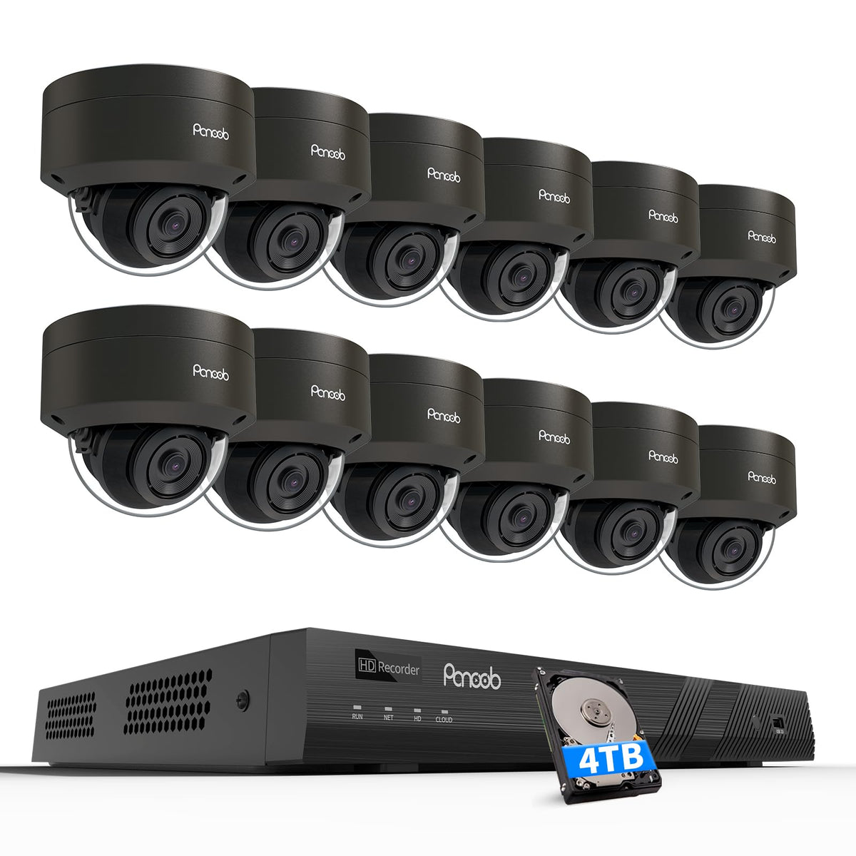 PANOOB 16 Channel Security Camera System, 12PCS 5MP Wired IK10 Vandal Dome PoE Camera Outdoor, Human Detection, Built-in Mic, Remote Access, 4K 16CH