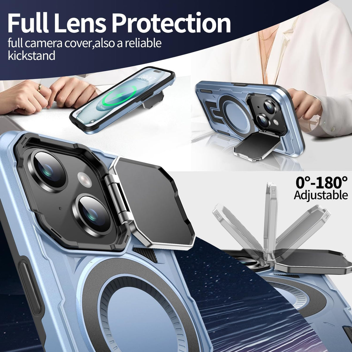 Camera Stand Case for iPhone 15, [Compatible with MagSafe] [Lens Cover] 2024 Version Military Grade Protective Soft Case for iPhone 15 6.1 inch Men Women, Blue