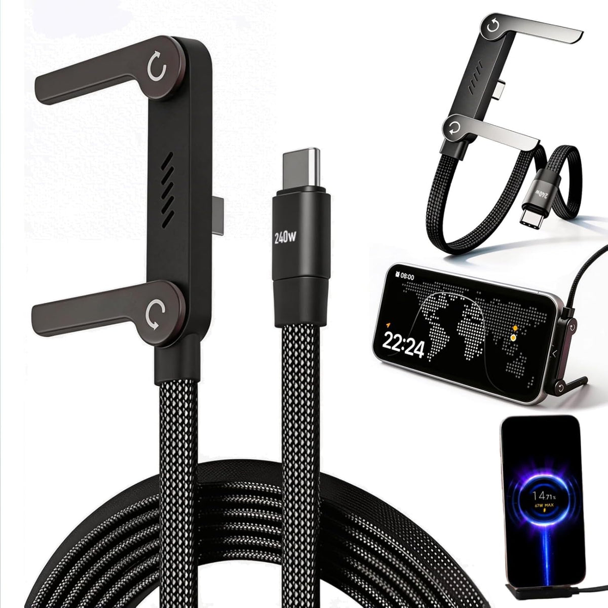 Hqyib 240W 4.9FT Braided Foldable Phone Stand Cord, Invisible Holder Charger Cable with Stand,T-Shaped Foldable Durable