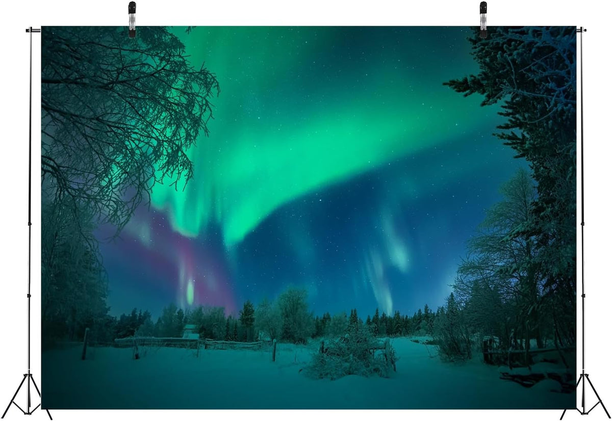 BELECO 8x8ft Fabric Aurora Borealis Backdrop Winter Forest Snowfield Northern Lights Night Sky Background Polar Lights