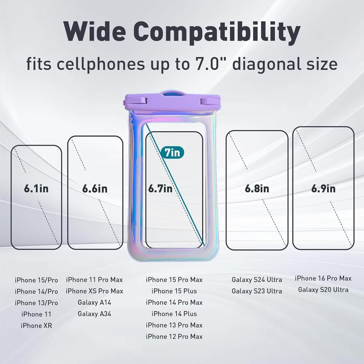 Floatable Waterproof Phone Pouch Case 2 Pax for iPhone 16 Pro Max/15/14/13/12, IP68 Travel Cellphone Dry Bag Beach Cruise Ship Essentials Bags with Crossbody Lanyard, Iridescent Purple and Black-7″