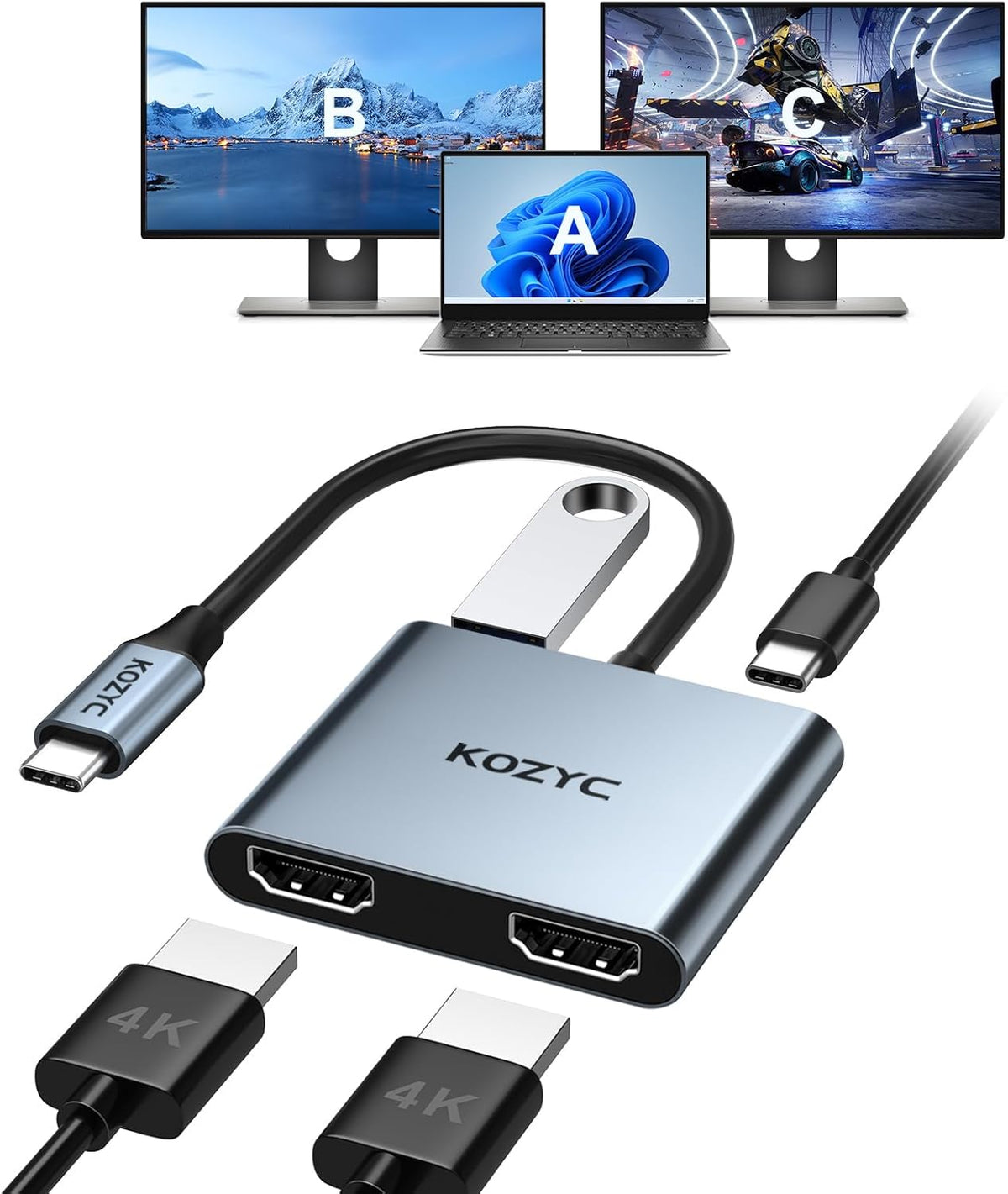 USB C to Dual HDMI Adapter 4K@30Hz, KOZYC USB C Hub Multiport Adapter with 2xHDMI, USB 3.0, 100W PD, Support USB C to HDMI Splitter Extended Display for MacBook Pro (MST is not Supported on MacOS)