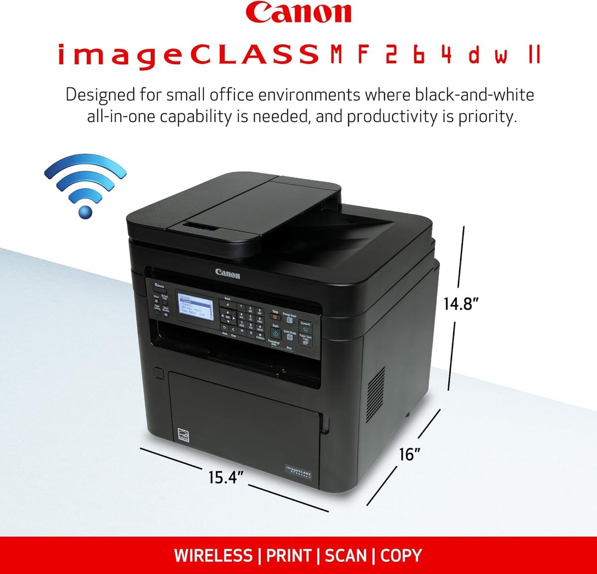 Canon imageCLASS MF264dw II - Monochrome Duplex Wireless Laser Printer, Multifunction with Scanner, Copier, Auto Document Feeder, Mobile Ready, 30 PPM, Black