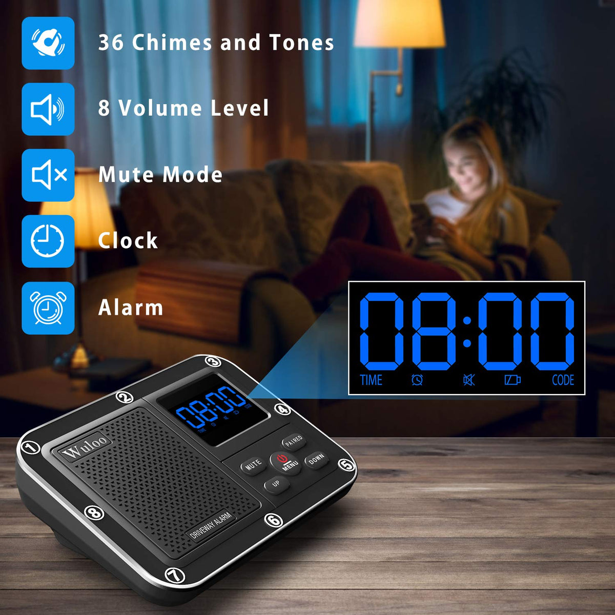 1800 Ft Wireless Outside Driveway Alarm Outdoor Motion Sensor & Detector Driveway Alert System, Rechargeable Battery/Weatherproof/Mute Mode/Clock