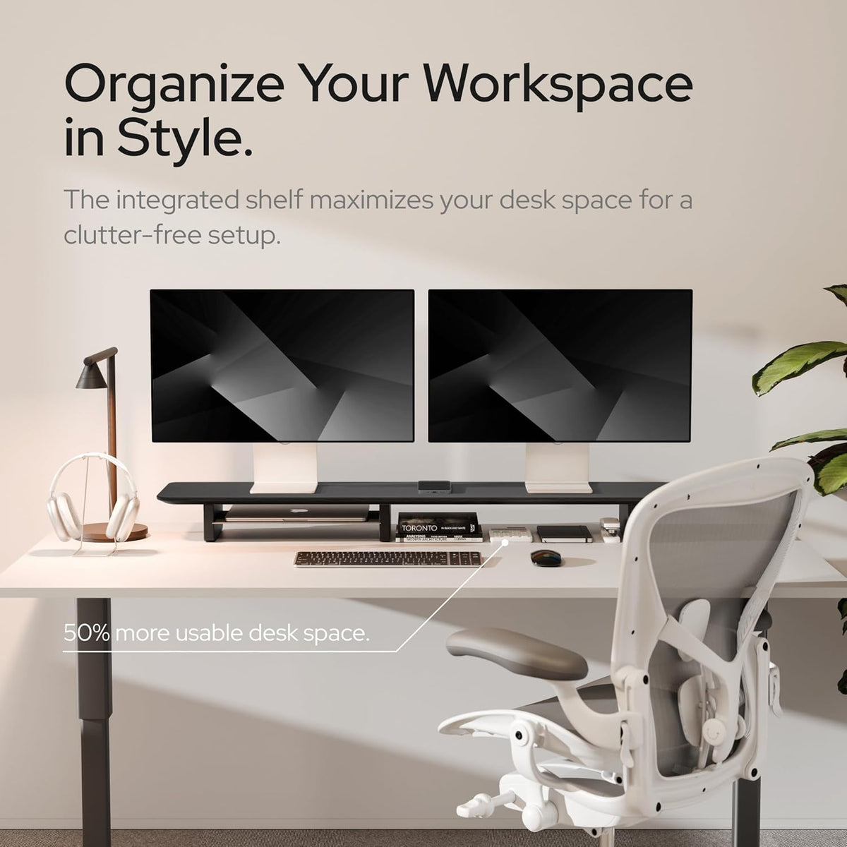 KIVY Dual Monitor Riser With Integrated Metal Shelf [MADE BY HAND] - Wooden Desk Shelf for 2 Monitors - Wide Long Stand for Desk (44 x10x3in - Black)