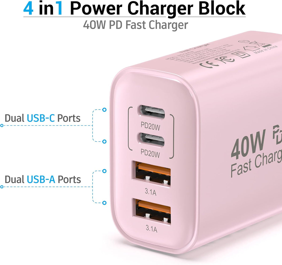 USB C Block 40W, 4 Ports Wall Plug Fast Charging Block, PD+QC Multiport Power Adapter USB C Charger Type C for iPhone 16,15,14,13,12,11, Pro Max, X, Xr, Xs, 8, 7, Watch, Galaxy Phones (Pink 1Pack)