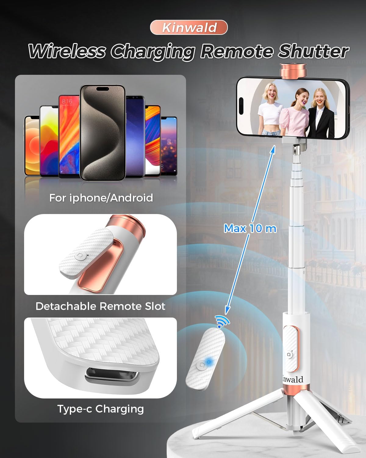 Selfie Stick Tripod for iPhone & Android, Portable Phone Tripod Stand with Bluetooth Remote, One-Click Open, Compact & Lightweight, All-in-1 for Vlog/Travel/Photography (White)
