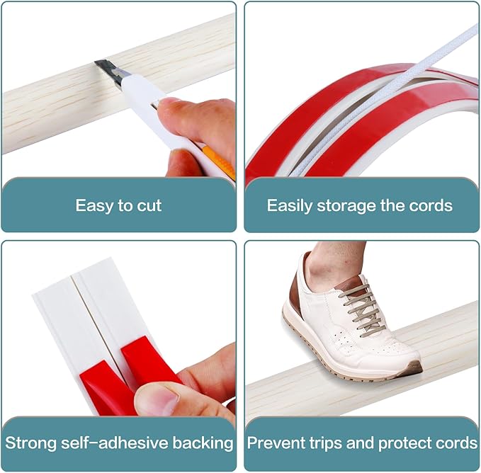 Floor Cord Cover Self Adhesive Cord Hider Floor Extension Cord Covers for Floor Power Cord Protector Cable Management Prevent Cable Trips Cable Cavity 0.59" W x 0.31" H (Beige Wood, 10Ft)