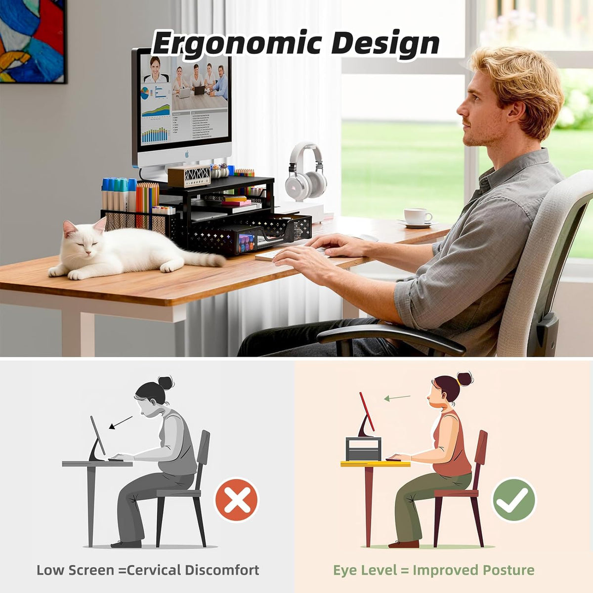 2-Tier 2 Simple Trending Desk Organizer and Accessories, Computer Monitor Stand Riser with Drawer and Pen Holders