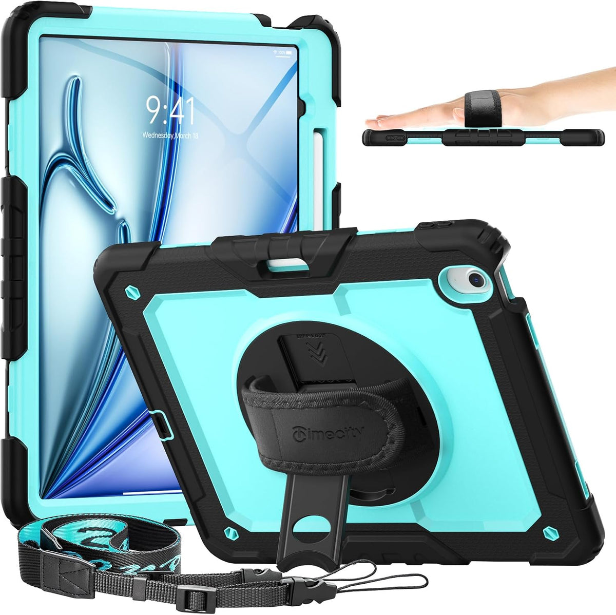 timecity for iPad Air 13 Inch Case M3 2025/ M2 2024, 360° Rotating Stand, Pencil Holder & Wireless Charging, Shockproof with Screen Protector & Shoulder Strap - for Designers & Professionals, Blue