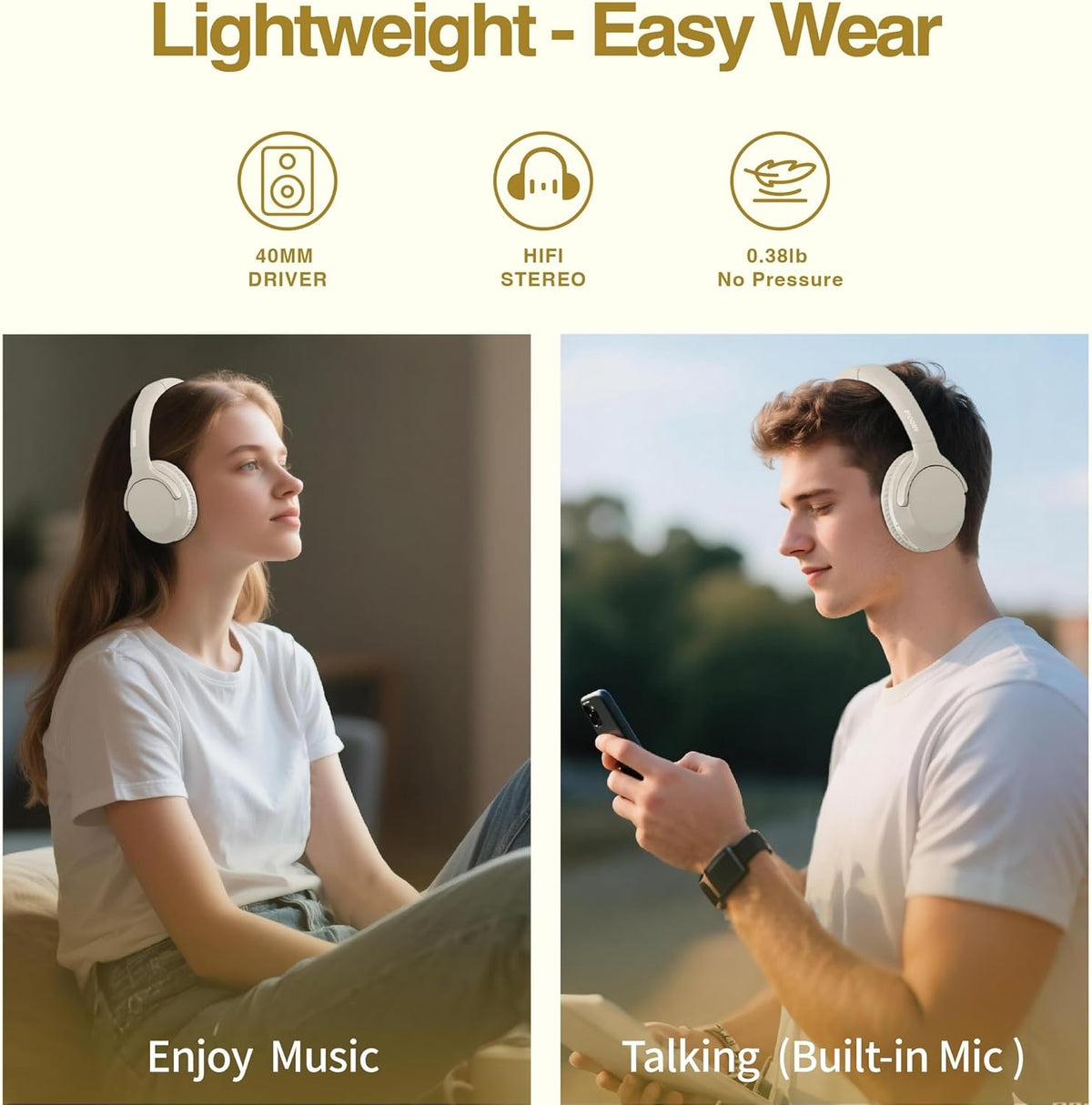 MIDOLA Bluetooth Headphones Over Ear 68H Playtime 6 EQ Wireless Headset with Microphone HiFi Stereo Foldable Lightweight Deep Bass for Travel Home Office Cellphone Milk White