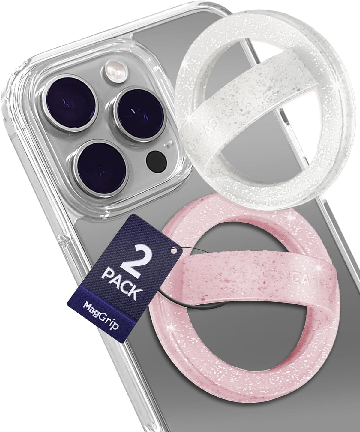 2-Pack Magnetic Phone Grip Holders for iPhone, Compatible with MagSafe (Soft-Touch Silicone) Cute Finger Loops for Women, Comfortable and Secure Fit (Clear Sparkle & Glitter Pink)