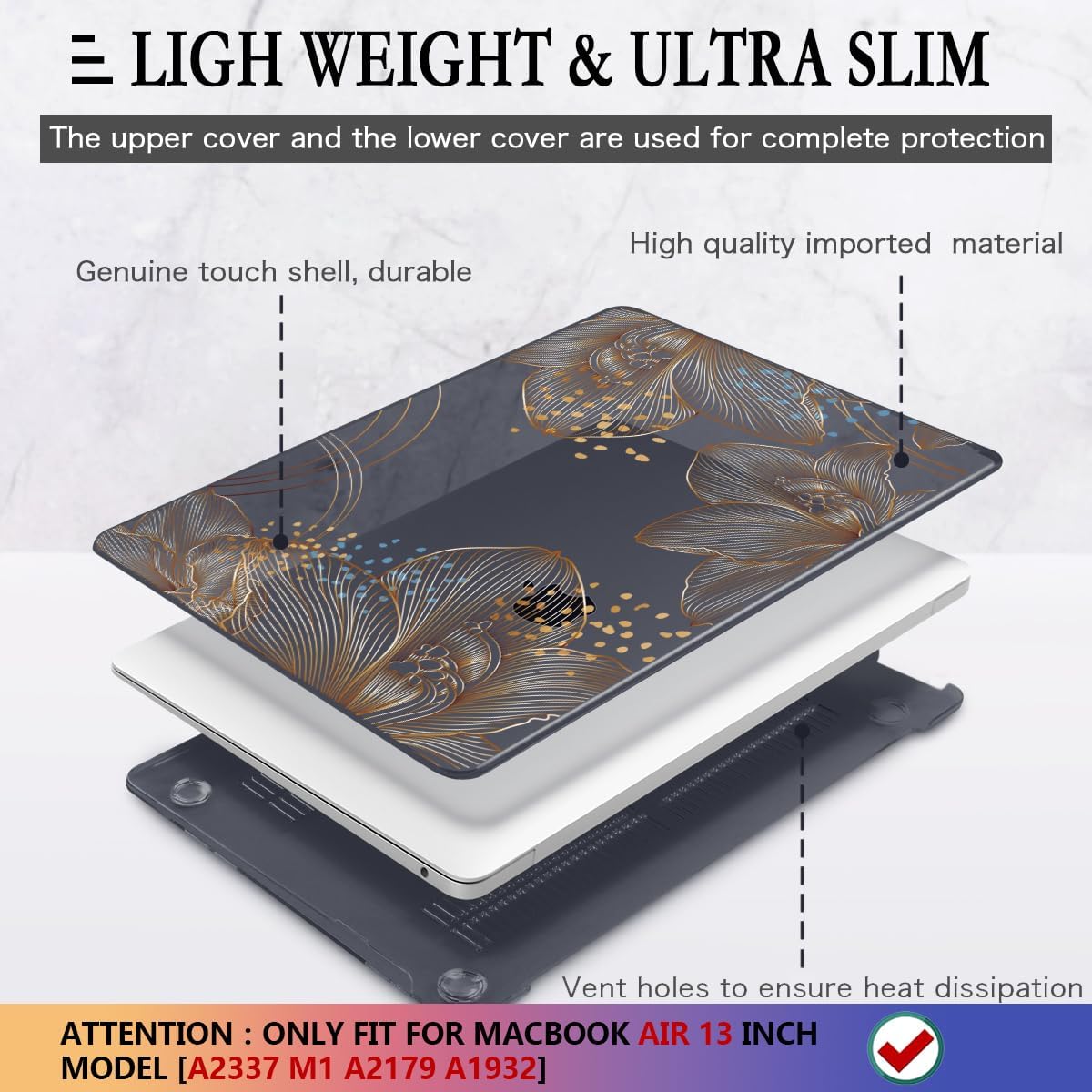 CISSOOK for MacBook Air 13 inch Case 2021 2020 2019 2018 Model M1 A2337 A2179 A1932, Black Hard Shell Case & Keyboard Cover & Screen Protector for MacBook Air 13 with Touch ID, Gorgeous Gold Floral
