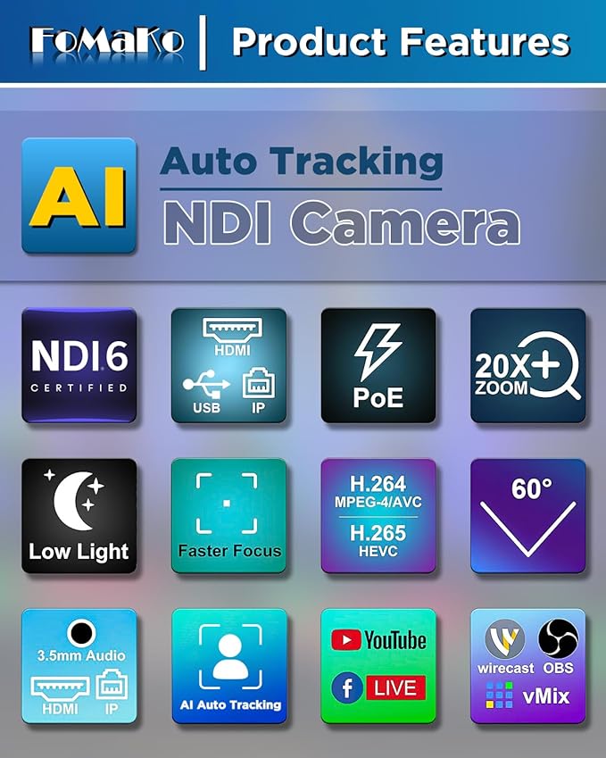 FoMaKo NDI PTZ Camera AI Auto-Tracking Gen 3 20x Optical Zoom LAN USB3.0 HDMI PTZ Camera for Church Services Worship Education (NDI 6 &amp NDI HX3) FMK20UH NDI-B (Black Color)
