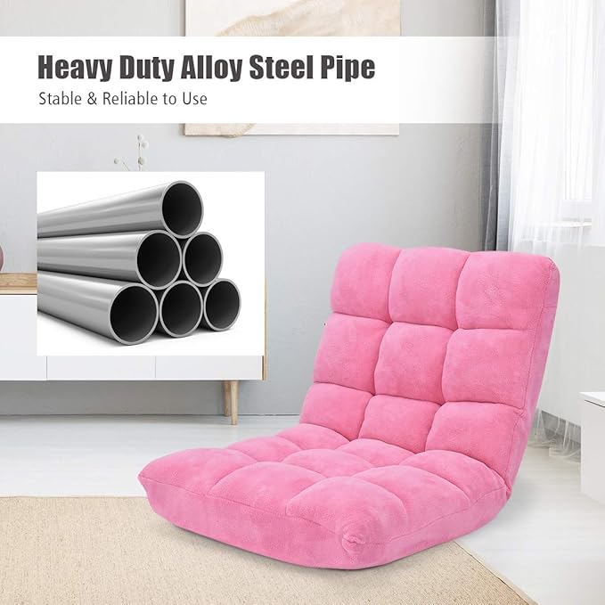 Floor Folding Sofa Chair 14-Position Adjustable Folding Couch Sleeper Bed Couch Gaming Recliner for Living Room Bed Room (Pink)