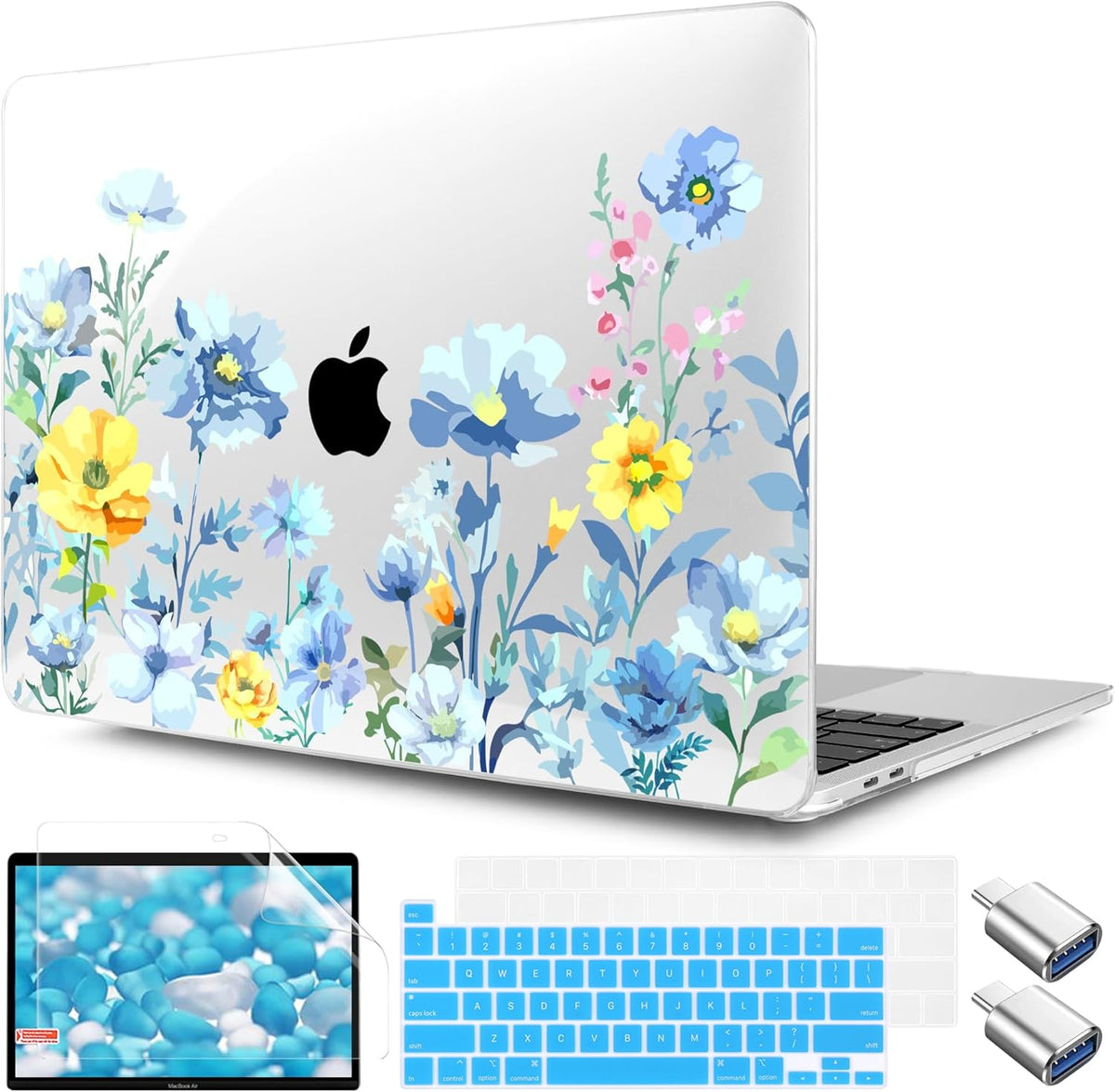 TWOLSKOO Compatible with MacBook Pro 13 inch Case 2023-2016 A2338 M2/M1 A2251 A2289 A2159 A1989 A1706, Plastic Hard Shell Cover & Keyboard Skin & Screen Protector, Blue Flowers