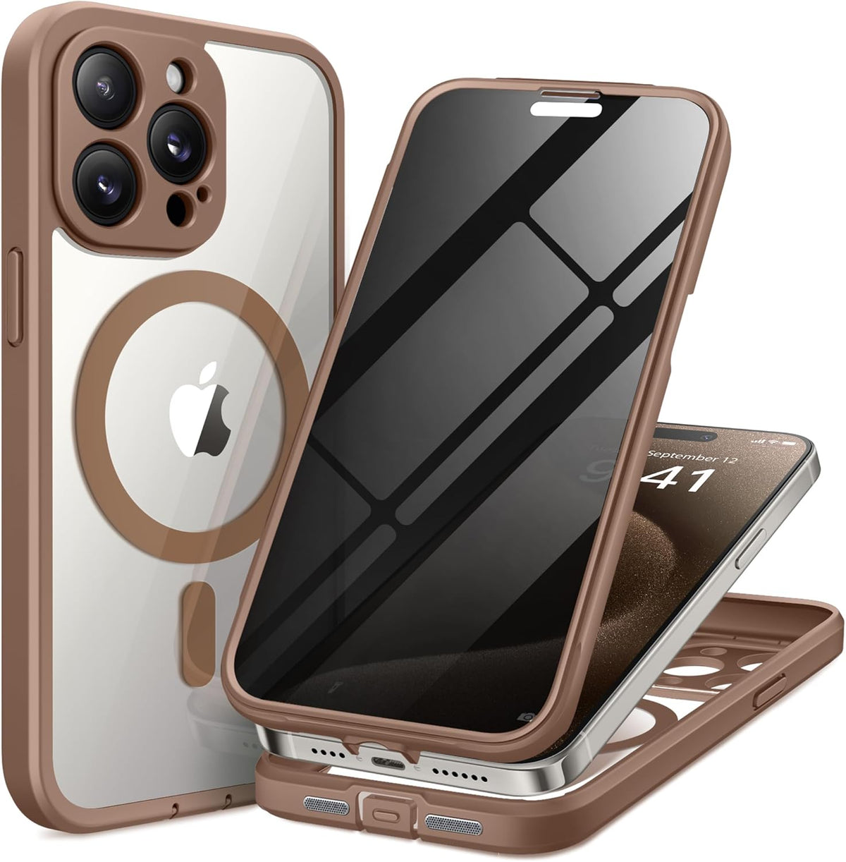 Magnetic for iPhone 15 Pro Max Case, Compatible with MagSafe, Built-in Privacy Screen Protector and Camera Protection, Anti Spy Full Body Dustproof Shockproof Hard Phone Case 6.7", Brown