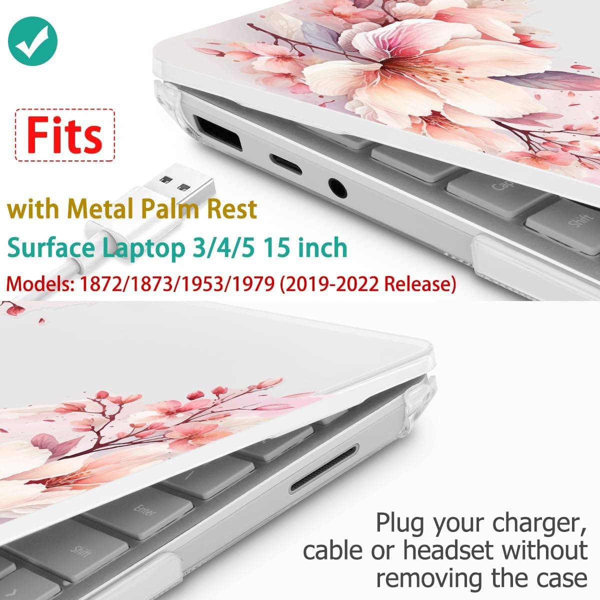 Tuiklol Case for 15 Inch Microsoft Surface Laptop 5/4/3 2022-2020, Model 1979/1953/1872/1873 Hard Shell Cover, Keyboard Cover+Screen Protector+Dust Plugs,Pink Big Flower