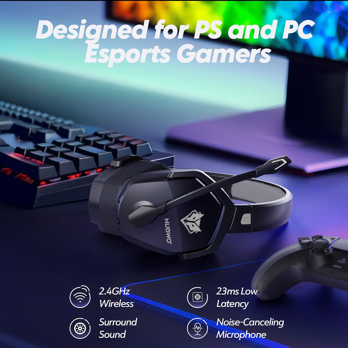 NUBWO G06 Dual Wireless Gaming Headset with Microphone for Ps5, Ps4, PC - 23ms Low Latency Audio - 100-Hour of Playtime - 50mm Drivers (Black-Grey)