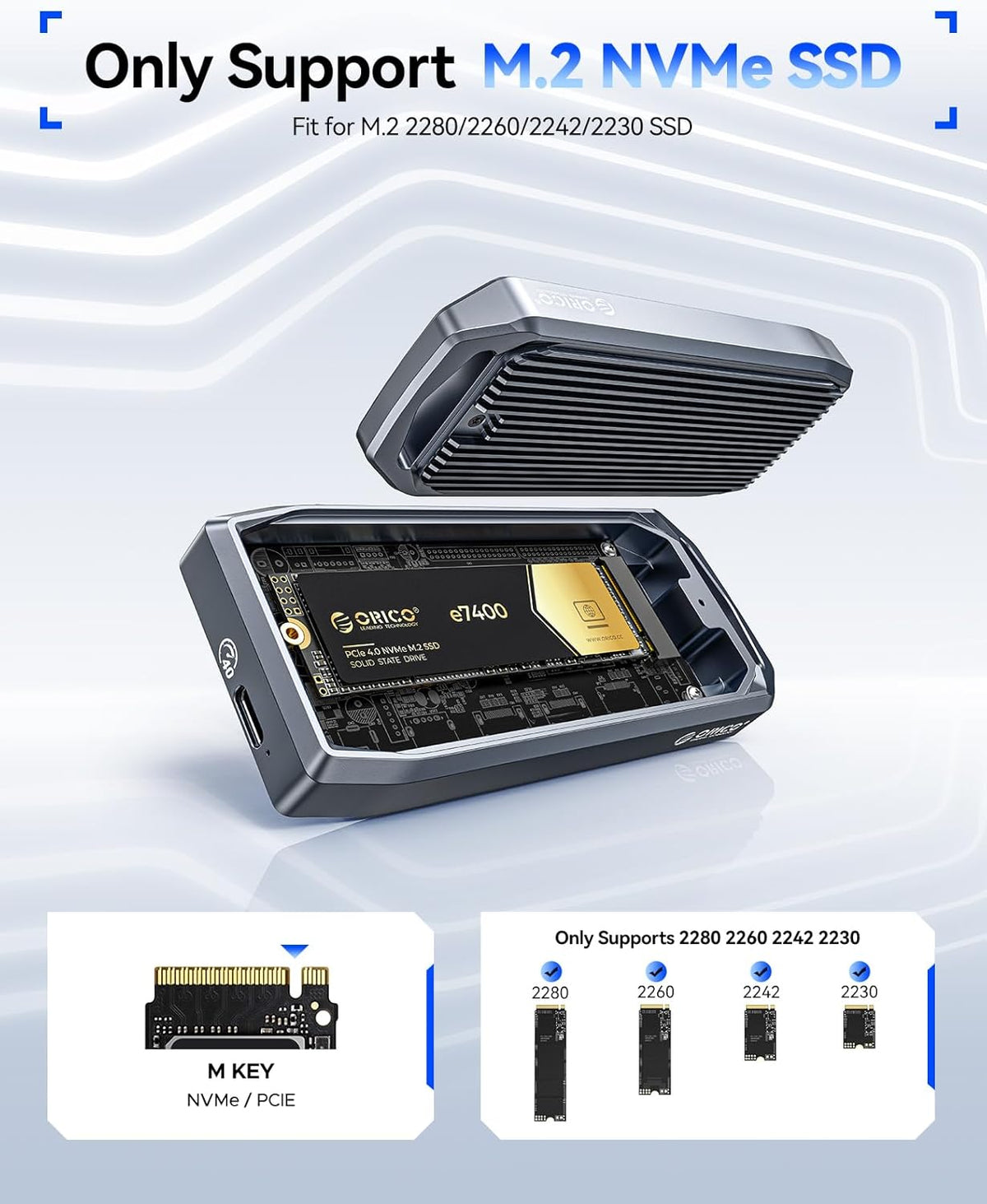 ORICO USB4 40Gbps M.2 SSD Enclosure, Supports Up to 8TB M.2 NVMe SSDs, Finned Aluminum Alloy Case, USB-C to USB-A&C 2-in-1 Cable, Plug and Play, Compatible with Thunderbolt 3/4, USB 3.2/3.1/3.0- M2V01