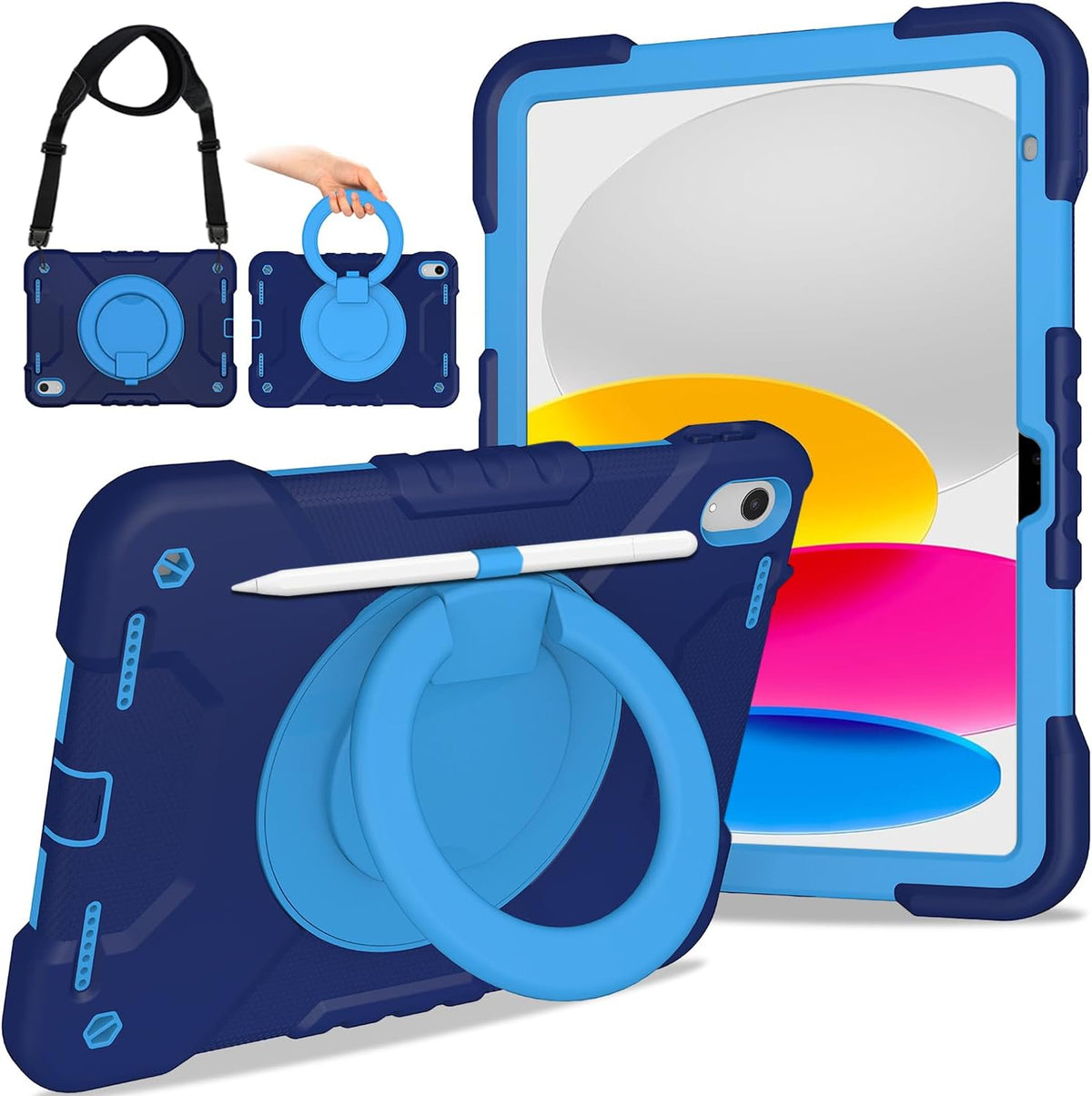 Case for iPad (A16) 11th Generation 11 inch 2025/10th Generation 10.9 inch 2022, Heavy Duty Shockproof Kids Protection Cover with Pencil Holder/360° Rotating Stand/Handle/Shoulder Strap, Navy Blue