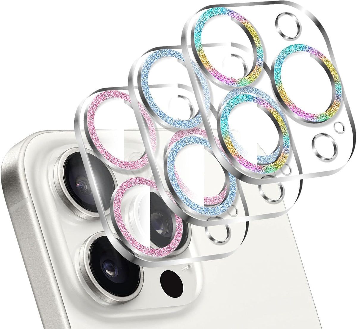 LucBuy 3PCS Sparkling Camera Lens Protector for iPhone 16 Pro/iPhone 16 Pro Max, Full Clear Acrylic Cover with Shiny Colorful Glitter Designed Decoration Back Camera Protector