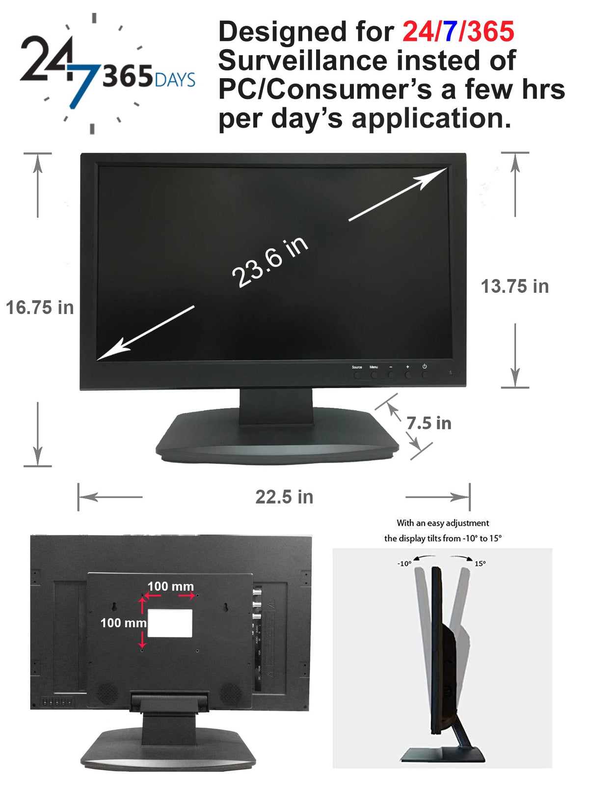 1stPV 23.6" Super HD 5MP/2592x1944 16:9 Professional Security Monitor, 1 HDMI, 2 BNC Inputs(HD-TVI/AHD/CVI/CVBS) & 2 BNC Outputs, working with 5MP
