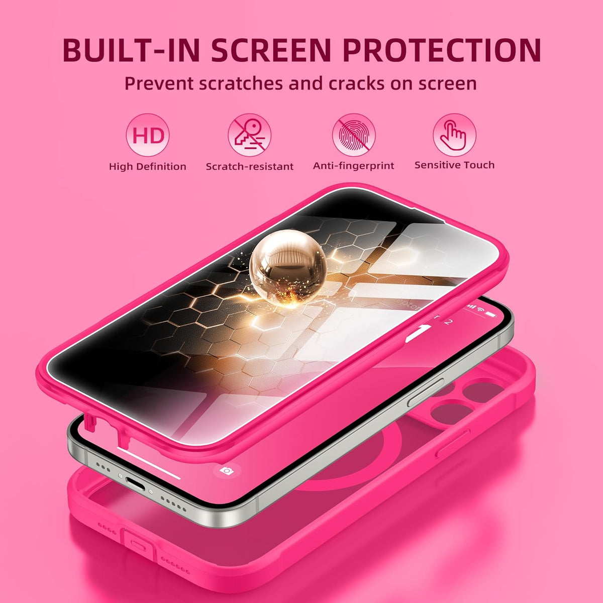 BERFY Magnetic for iPhone 13 Pro Max Case,Compatible with MagSafe,Built-in Privacy Screen Protector and Upgraded Camera Protection,Anti-Spy Full Body Shockproof Phone Case for 13 Pro Max 6.7",Hot Pink