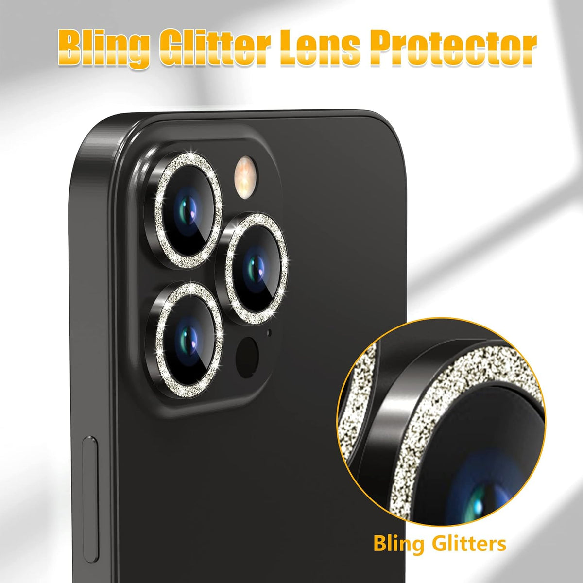 AGVEE 3+3 6 Pack for iPhone 13 Pro 6.1" / 13 Pro Max 6.7" Camera Lens Cover Protector, Bling Diamond & Bling Glitter Metal Ring 9H Tempered HD Glass Camera Cover Protector Film, Bling-Black
