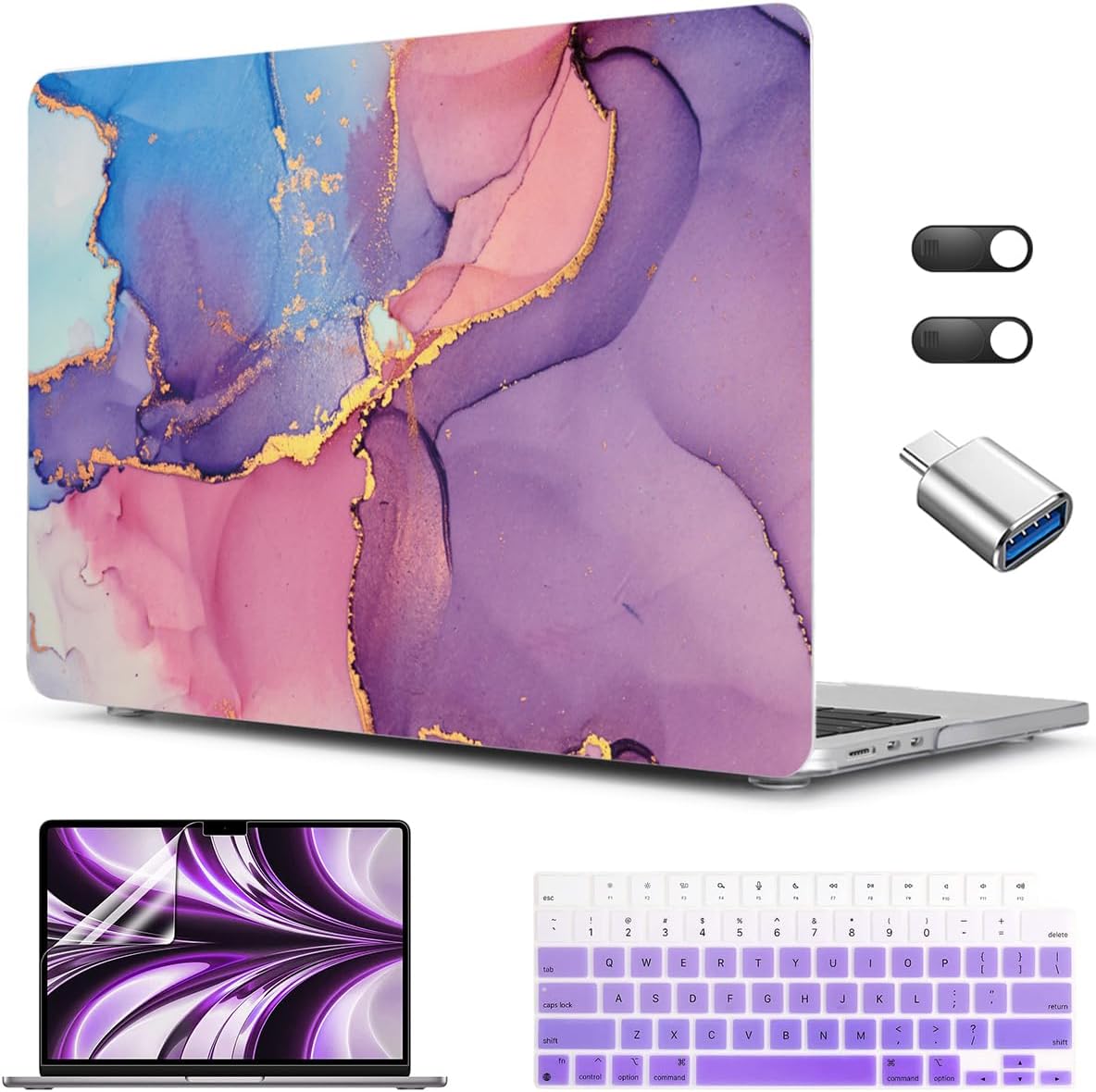 CISSOOK Compatible with MacBook Air 13.6 inch Case 2025 2024 2022 Release M4 M3 M2 Chip, Marble Plastic Hard Shell Case Keyboard Cover for MacBook Air 13.6 inch A3240 A3113 A2681, Purple Marble