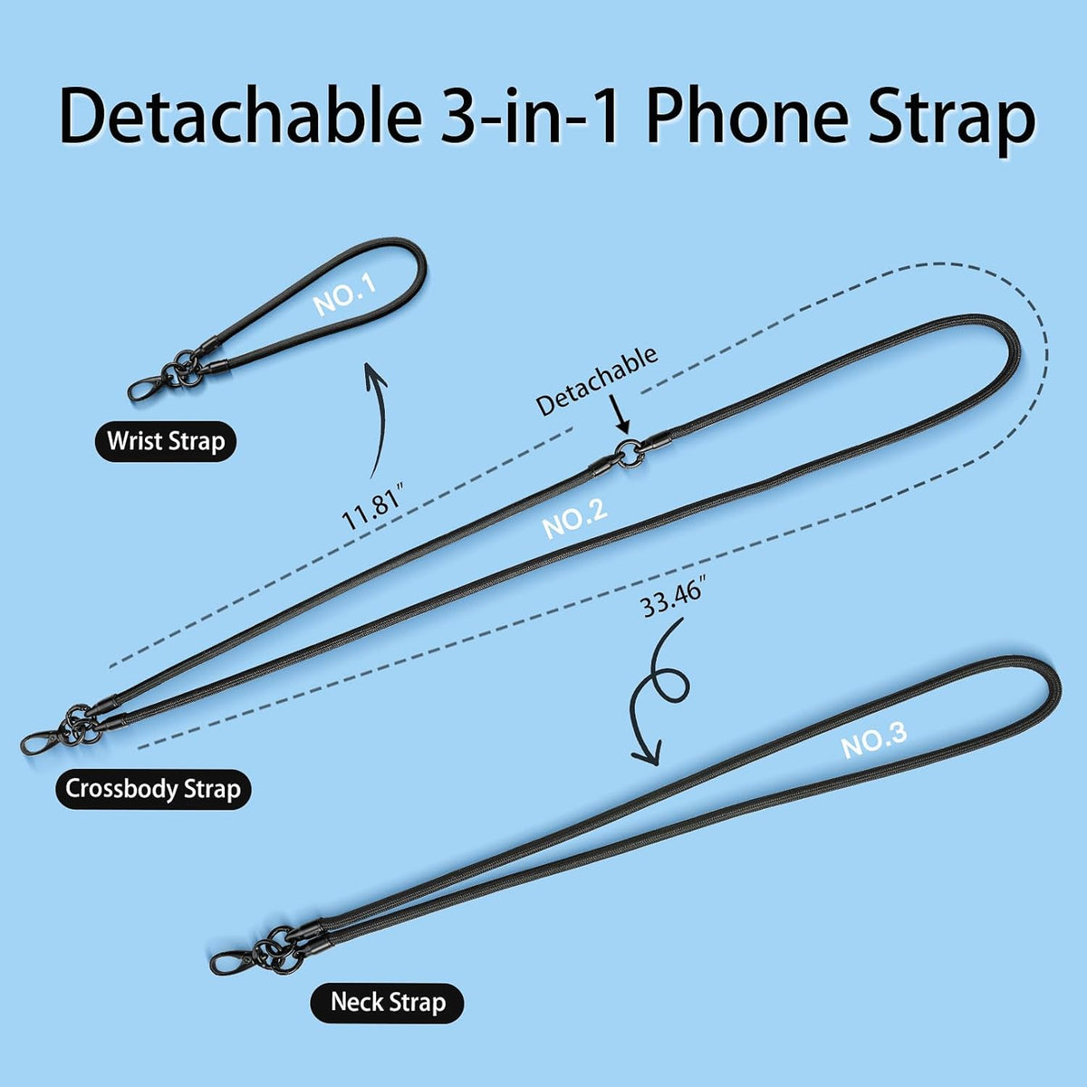 Phone Lanyard, 3-in-1 Anti Theft Phone Straps -Crossbody Lanyard, Neck Holder & Wrist Strap, Detachable Universal Cellphone Strap with 1 Tap, Durable Hook-Black