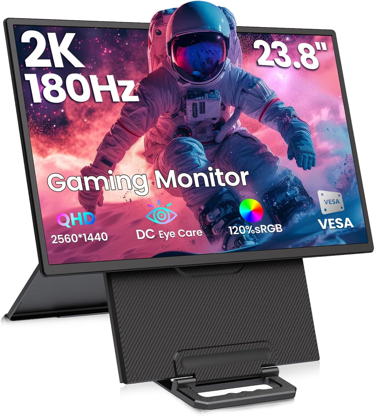 2K 180Hz Portable Monitor,23.8" 2560x1440 QHD 120% SRGB IPS FreeSync Gaming Moniter USB-C HDMI Large Work Home Office Second Monitor VESA Mountable, Adjustable Tilt & Height for Laptop, PS4,Xbox