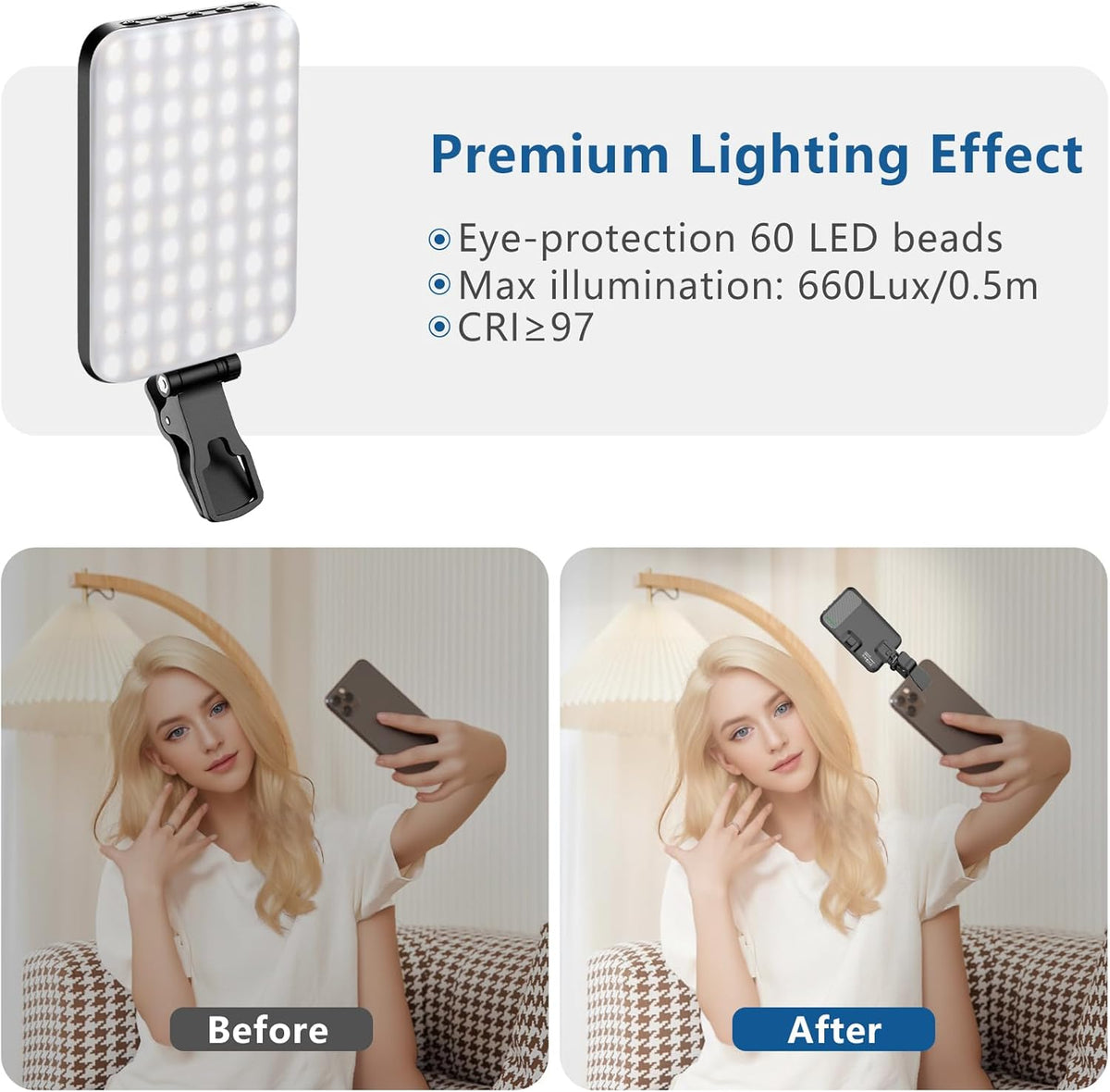 60 LED Portable Selfie Light Video Conference Lighting with Clip & Camera Tripod Adapter Rechargeable 2200mAh CRI 97+, 3 Light Modes for Phone iPhone Webcam Laptop Photo Makeup