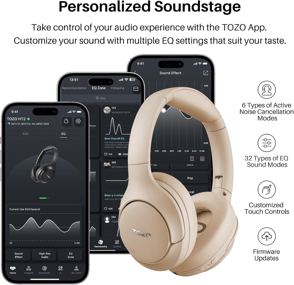 TOZO HT2 Hybrid Active Noise Cancelling Headphones, Wireless Over Ear Bluetooth Headset, 60H Playtime, Hi-Res Audio Custom EQ via App Deep Bass Comfort Fit Ear Cups, for Home Office Travel Khaki