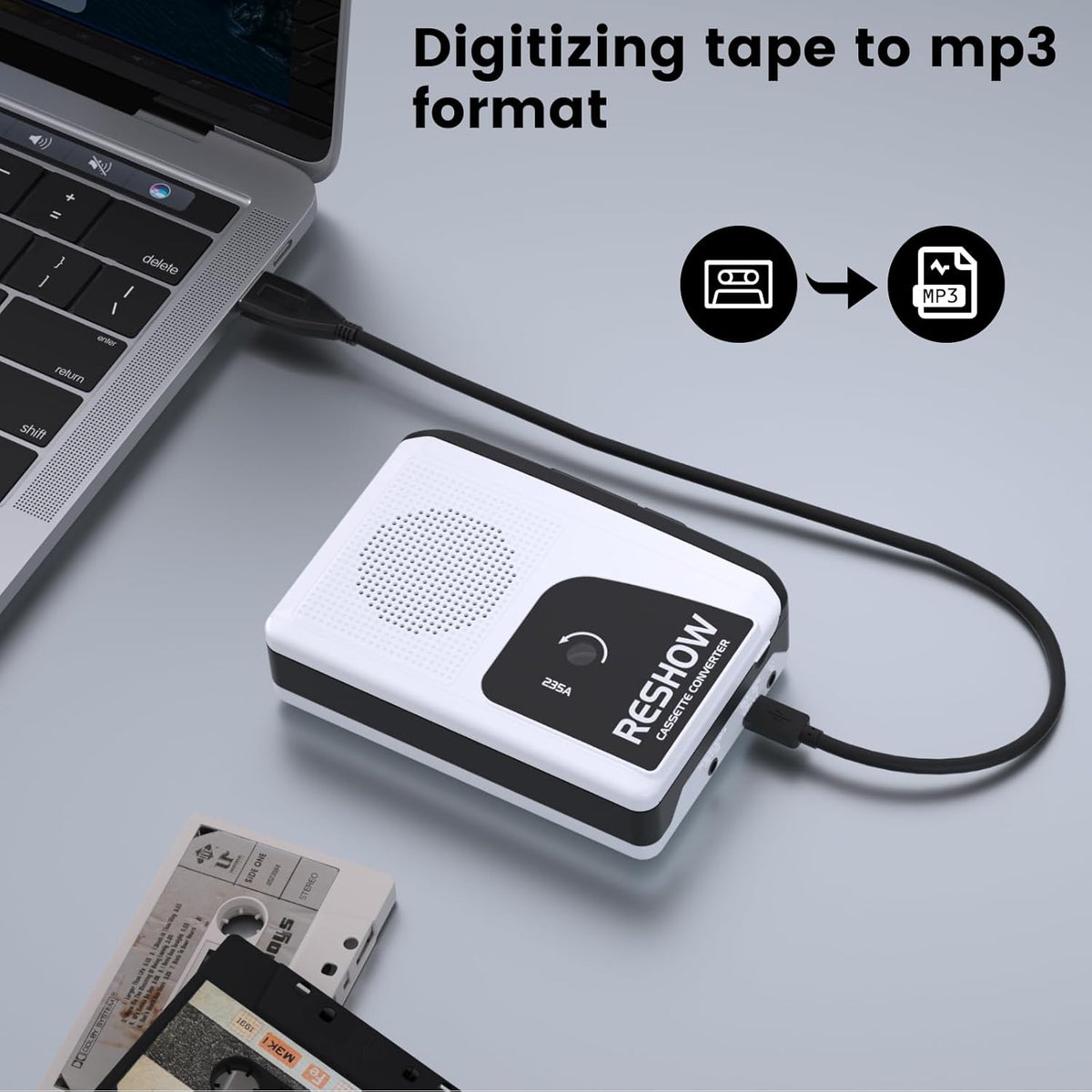 Cassette Cassette MP3 Reshow Player Recorder, Portable to Converter with USB-C, Built-in Speaker, Audio Tape to Digital