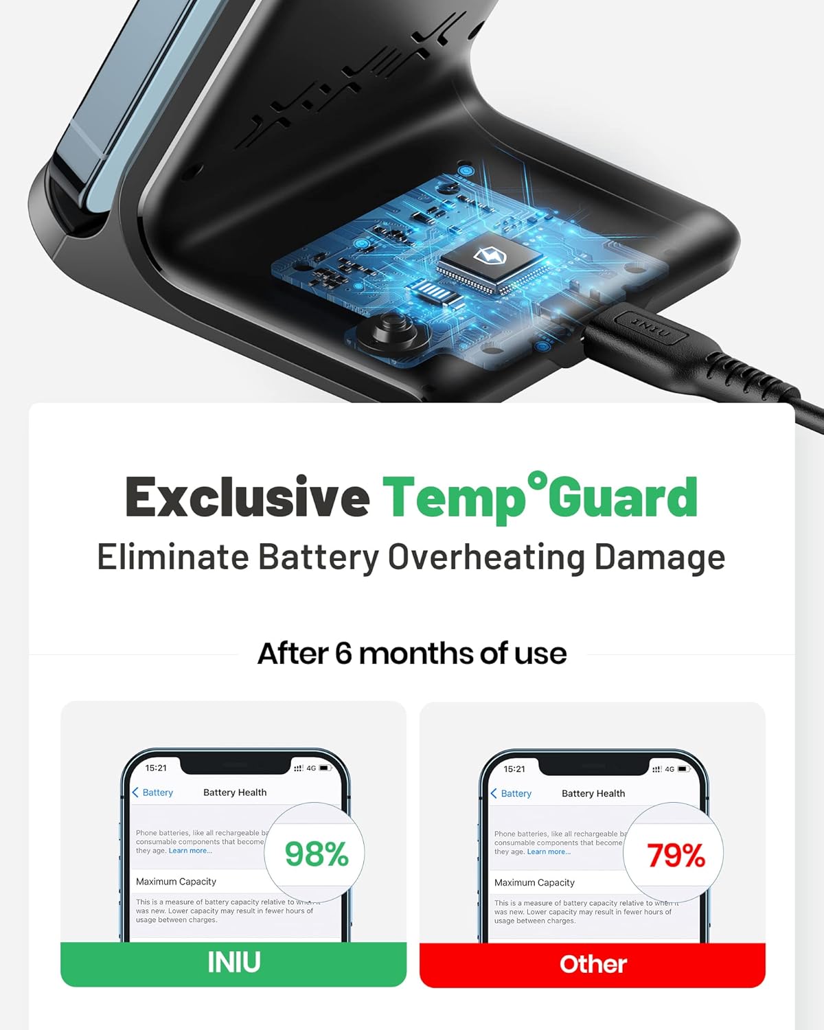 INIU Wireless Charger, 15W Fast Qi Certified Wireless Charging Station with Sleep-Friendly Adaptive Light Compatible with iPhone 16 15 14 13 Pro XS 8 Plus Samsung Galaxy S25 S24 S23 Note 20 Google etc