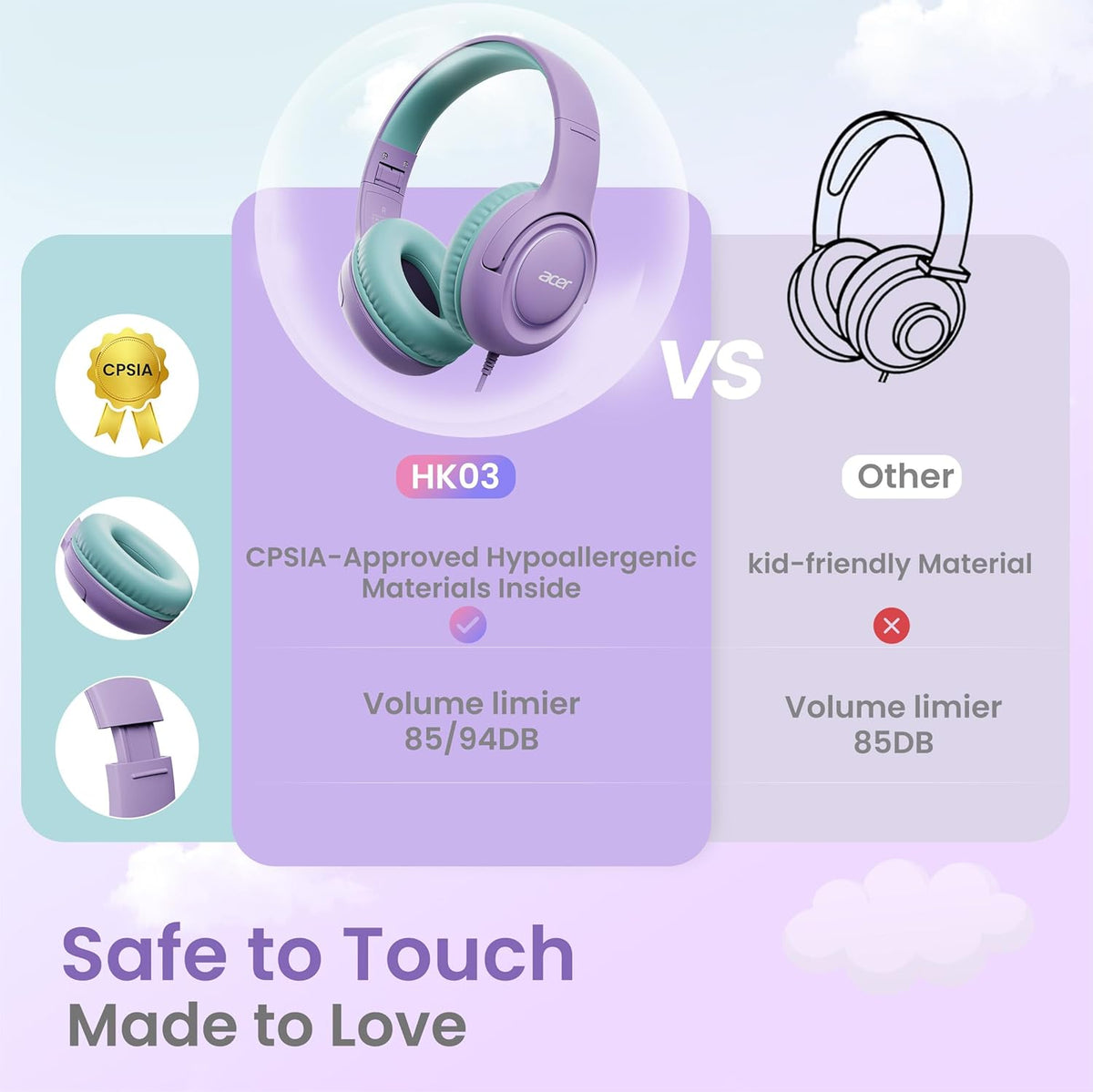 85/94dB 3.5mm Headset HK03 acer Kids Headphones - Over-Ear Volume Limiter, Jack Foldable Stereo Sound for Toddlers