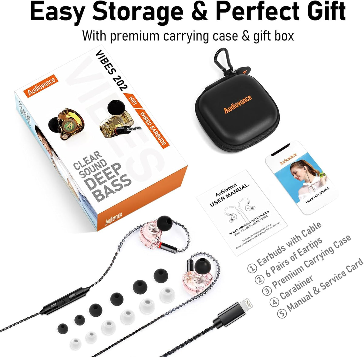 Vibes 202ML Wired Earbuds - HiFi in Ear Headphones - Noise-Isolating Ear Buds w/ Mic - Clear Sound, Deep Bass, Comfort-Fit Earphones - MMCX–Lightning for iPhone 5–14, Silver Plated Cord, Carrying Case