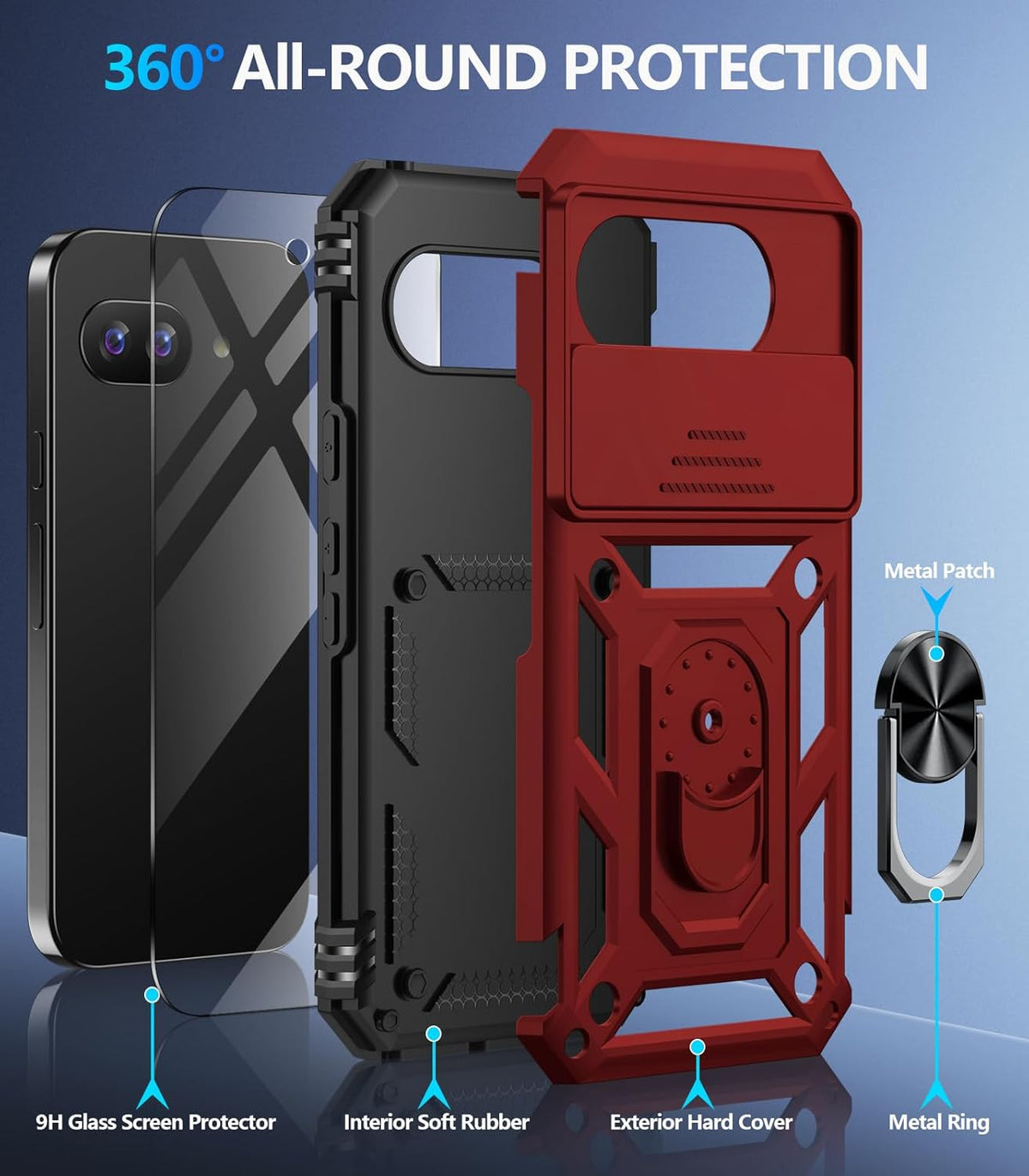 Taisairu for Google Pixel 9A Case with Screen Protector & Slide Camera Lens Cover, Built-in 360°Rotate Magnetic Ring Stand Shockproof Protective Phone Case for Google Pixel 9A Case (Red)