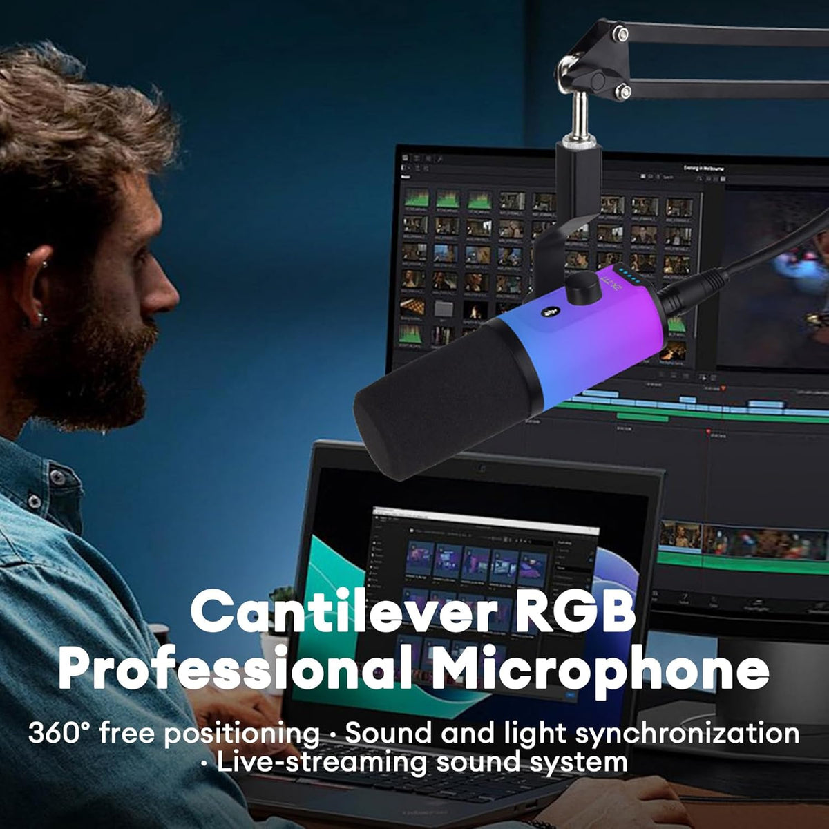 Gaming Microphone for PC, Streaming Mic with RGB Lighting, Mute & Gain Control, Boom Arm, Pop Filter, USB Condenser Gaming Mic for Podcasting, YouTube, Discord, PS4/PS5, Mac, Microfono Profesional (A)