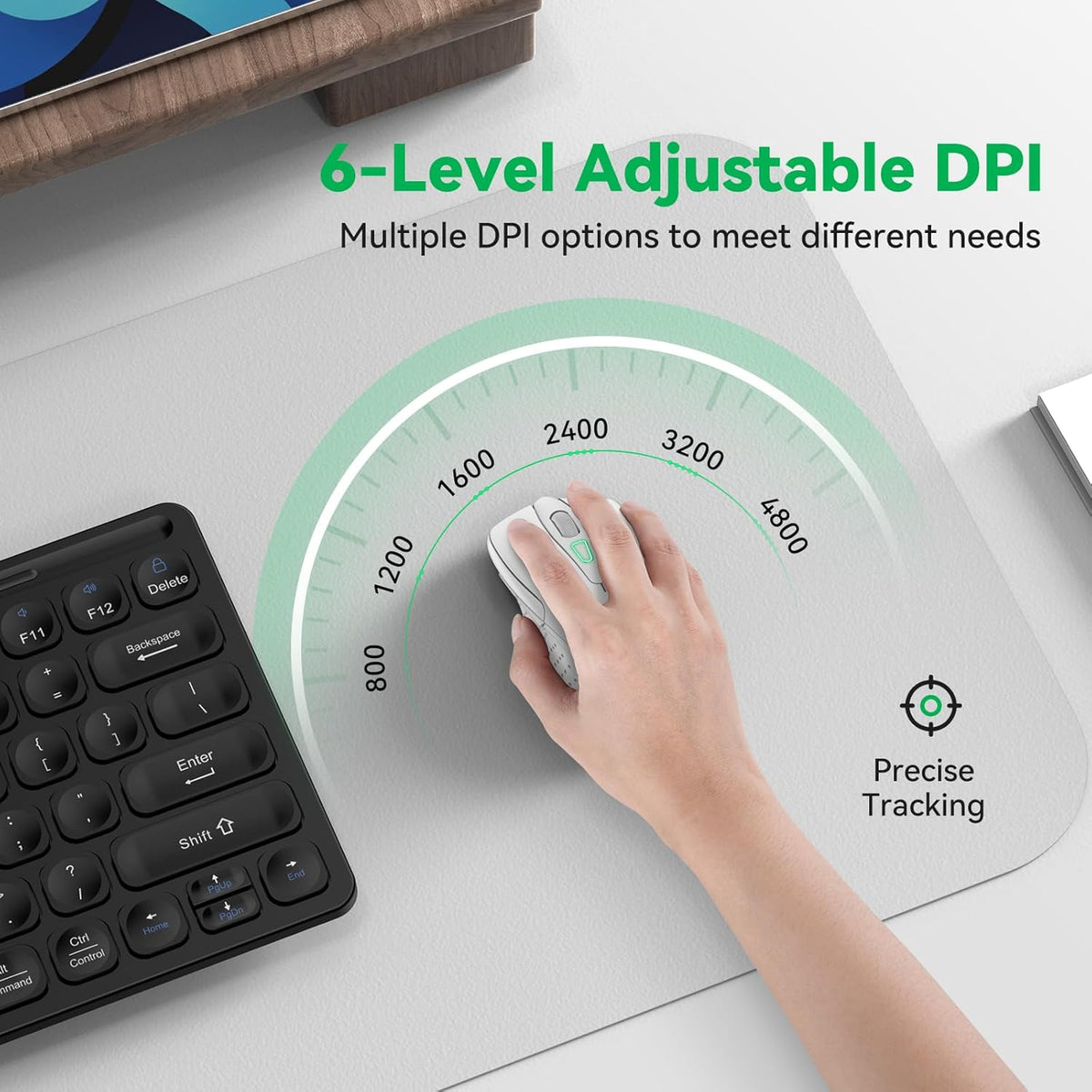 Bluetooth Mouse (BT5.0/3.0 & 2.4G) Rechargeable Wireless Mouse 2.4GHz with USB A Receiver, 4800 DPI Optical Tracking, 6 Adjustable DPI, Quiet Clicks, 6 Buttons, Wide Compatibility - White