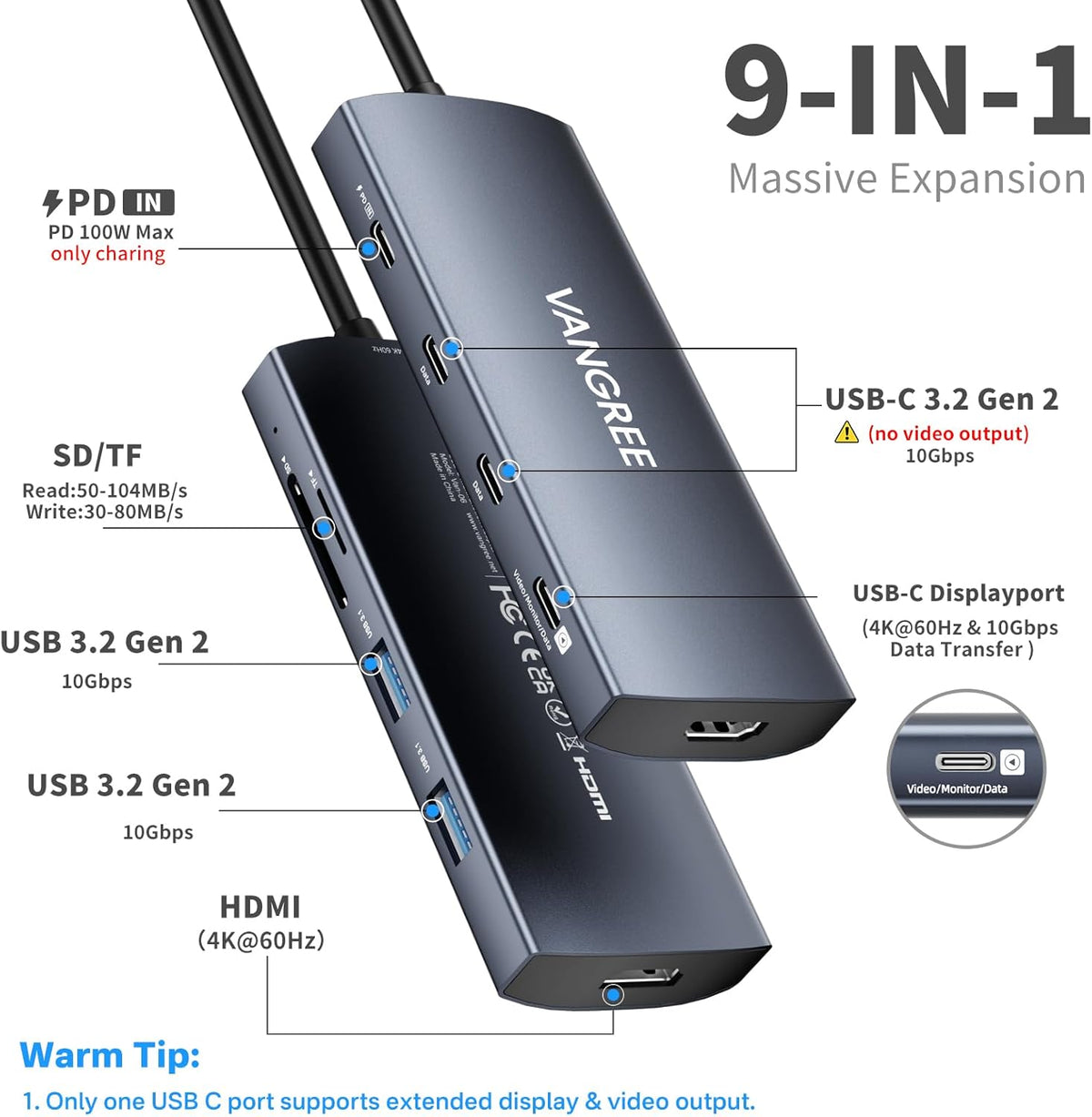 USB C Video Output Hub, 3 USB-C & 2 USB-A 3.2 10Gbps Ports, 4K@60Hz HDMI, 100W PD, SD/TF, USBC Splitter Dual Monitor Adapter for MacBook Pro/Air, iMac, iPad Pro, XPS, Surface, Galaxy S22,Samsung DEX