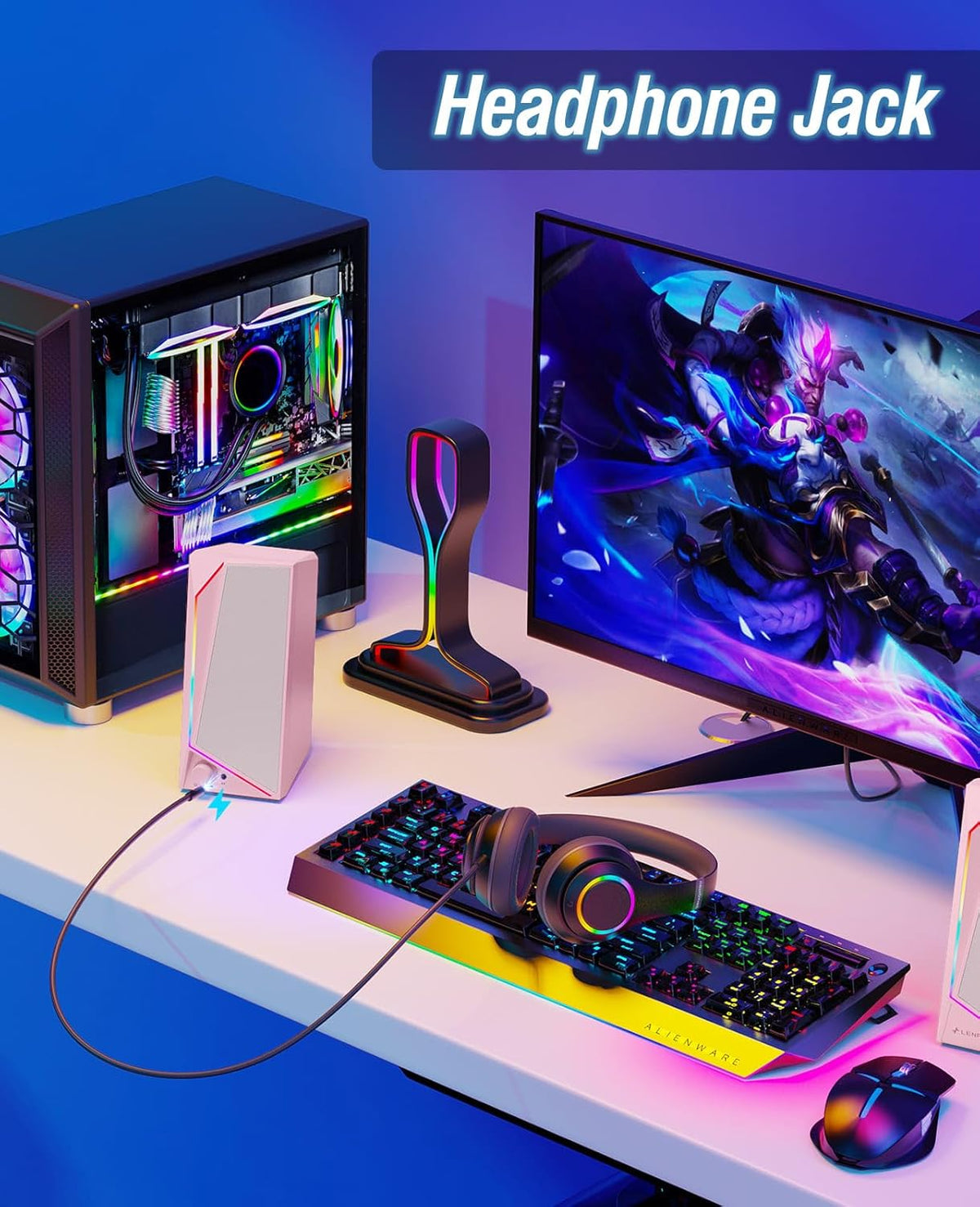 LENRUE Computer Speakers, USB/USB-C Powered PC Speakers with Loud Stereo Sound, Headphone-in for Desktop, iMac, MacBook, Laptop, Monitor (USB-C to USB Adapter Included) (Pink)