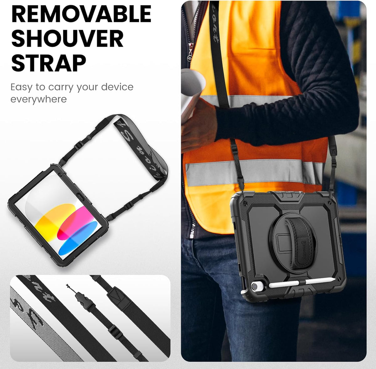 timecity for iPad (A16) 11th/ 10th Generation Case 11''/ 10.9 Inch (2025/2022) - Heavy Duty Protective Cover with Screen Protector, Stand, Shoulder Strap & Pencil Holder | Kids-Friendly - Black
