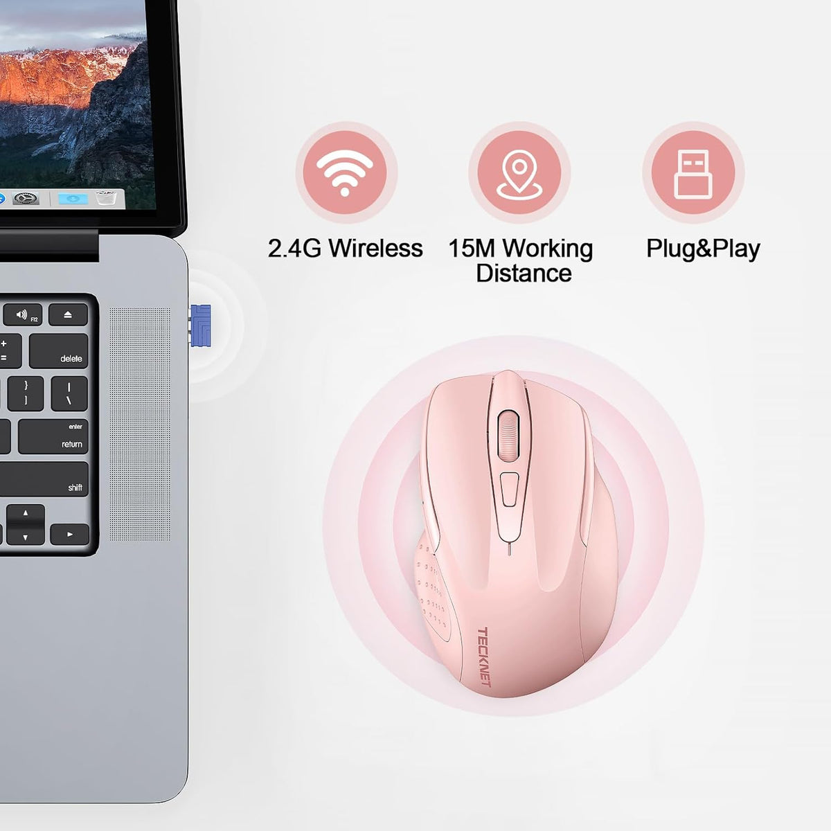 TECKNET Rechargeable Wireless Mouse, 2.4G Silent Mouse, Quiet Click, 6 Adjustable 4800 DPI, Cordless Computer Mouse, Ergonomic Mouse for Laptop, 6 Buttons USB-A Mouse for Chromebook, Ergo Grip - Pink