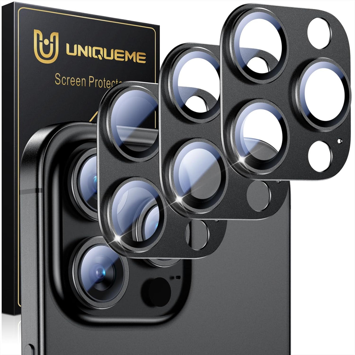 UniqueMe for 3 Pack iPhone 15 Pro/iPhone 15 Pro Max Camera Lens Protector, [Drop Protection] [Case Friendly] Camera Cover Screen [Update New Version] - All-Black
